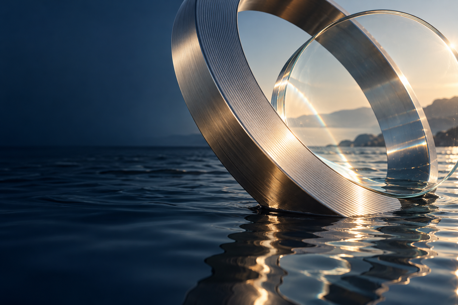 Conceptual visual study: machined metal, glass and light on water